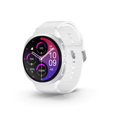 Relógio inteligente branco com mostrador digital colorido
