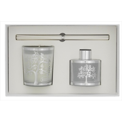 Conjunto de vela perfumada e difusor com padrão de árvore branca em vidro fosco cinzento