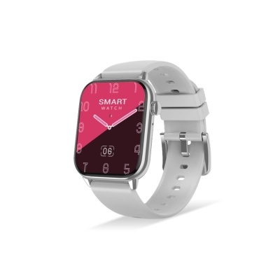 Relógio inteligente branco com mostrador digital cor-de-rosa e preto