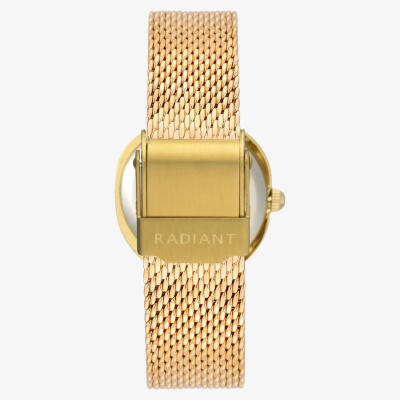 Pulseira dourada com padrão de malha metálica e fecho retangular com gravação RADIANT