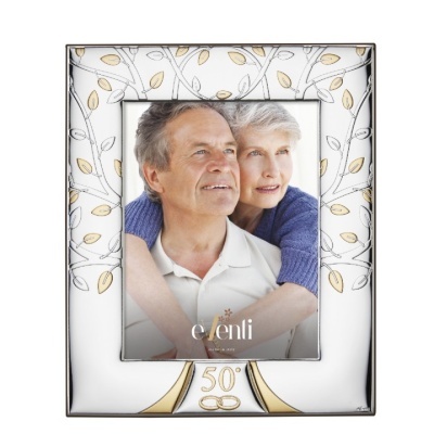 Moldura decorativa em metal com folhas douradas e texto 50° e evenli