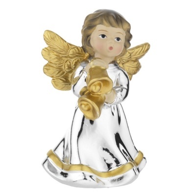 Anjo decorativo com asas douradas e vestido prateado