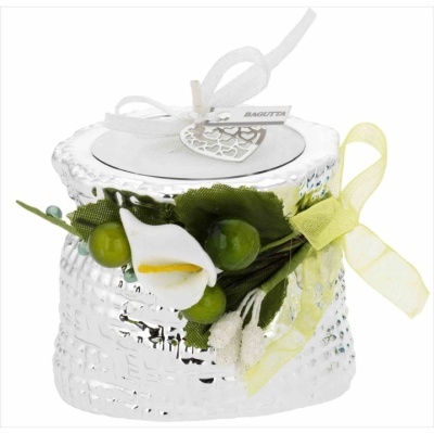 Frasco decorativo prateado com tampa e ornamento floral e laços