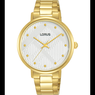 Relógio de pulso dourado Lorus com mostrador branco e padrão geométrico