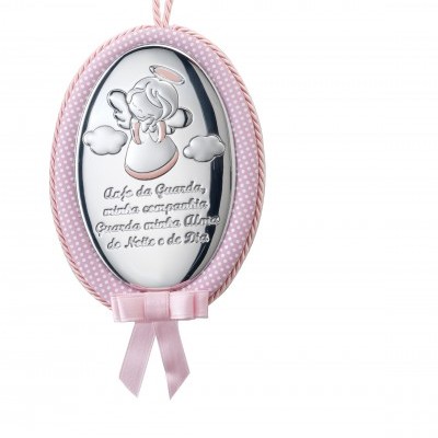 Quadro oval rosa com medalhão metálico gravado com anjo e texto de anjo da guarda