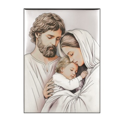 Placa decorativa com pintura da Sagrada Família em tons suaves