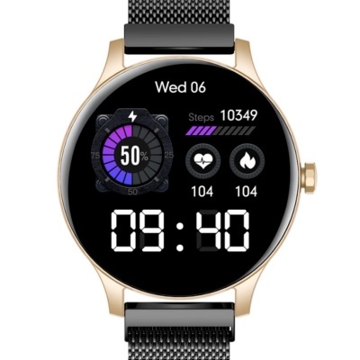 Relógio inteligente dourado com pulseira preta e mostrador digital