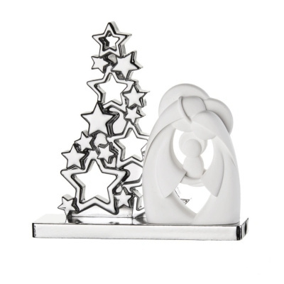Escultura decorativa árvore de Natal e Sagrada Família em branco e prata