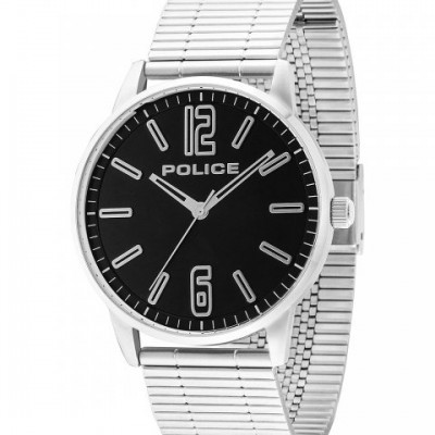 Relógio de pulso prateado com mostrador preto e marca POLICE