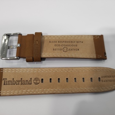 Pulseira de relógio de couro castanho com textos gravados