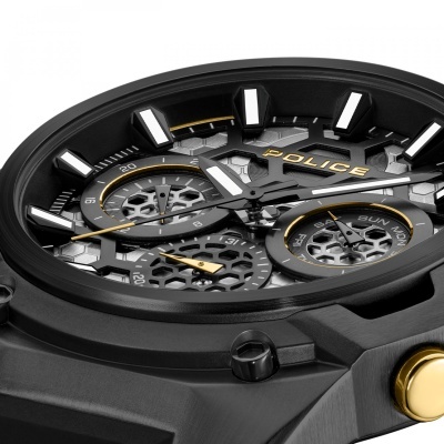 Relógio de pulso preto e dourado POLICE com mostrador cinza colmeia