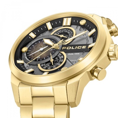 Relógio dourado Police com mostrador cinza e preto e bracelete metálica.
