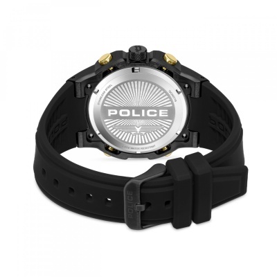 Relógio com bracelete preta em silicone e parte traseira em aço inoxidável com texto POLICE
