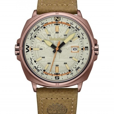 Relógio Timberland com bracelete castanha de couro e mostrador claro com bússola