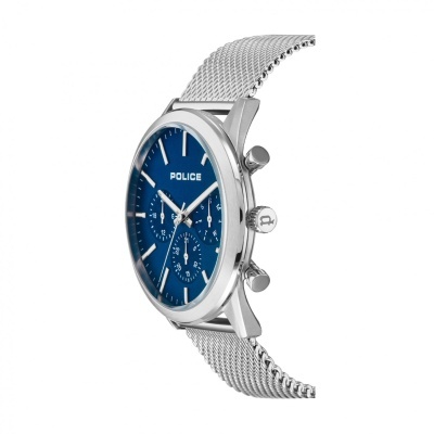 Relógio Police aço prateado com mostrador azul e bracelete em malha metálica