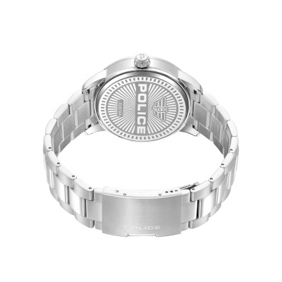 Relógio Police aço inoxidável prateado com bracelete metálica e fundo com texto POLICE.