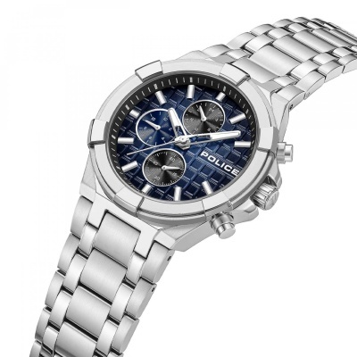 Relógio POLICE de pulso com bracelete de aço inoxidável e mostrador azul com submostradores pretos.