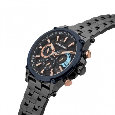 Relógio de pulso POLICE com bracelete metálico preto e mostrador preto com detalhes em cobre e azul