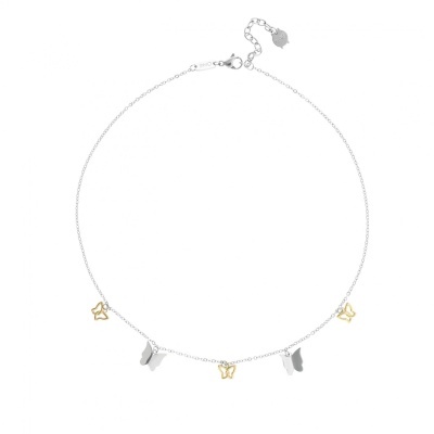 Colar fino com pendentes de borboletas douradas e prateadas