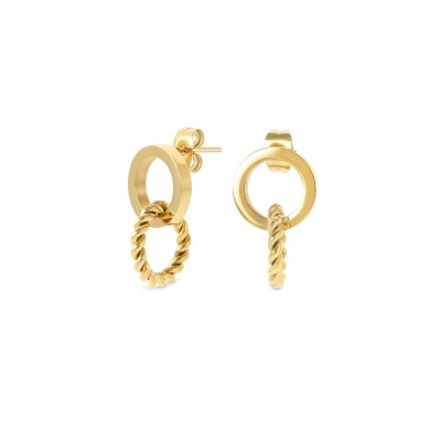 Brincos dourados com dois círculos, um liso e outro torcido, fecho de mola, fundo branco