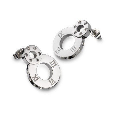 Brincos prateados com números romanos e pedras brilhantes