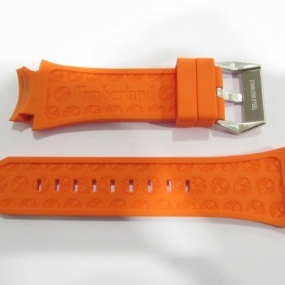 Correia de relógio laranja com padrão em relevo e fivela metálica prateada