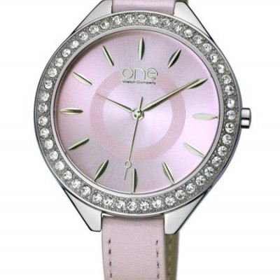Relógio de pulso rosa com pedras brilhantes no aro