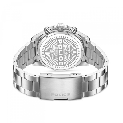 Relógio POLICE prateado com bracelete em aço e detalhes no verso da caixa