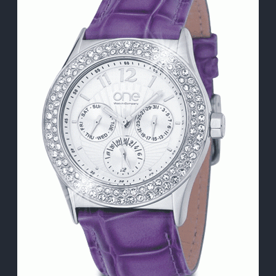 Relógio de pulso com bracelete roxa e caixa prateada cravejada de pedras