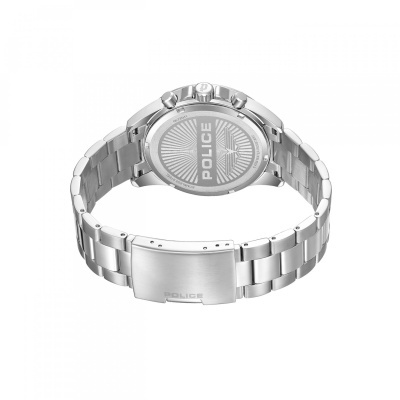 Relógio de pulso de metal prateado da marca POLICE visto de trás