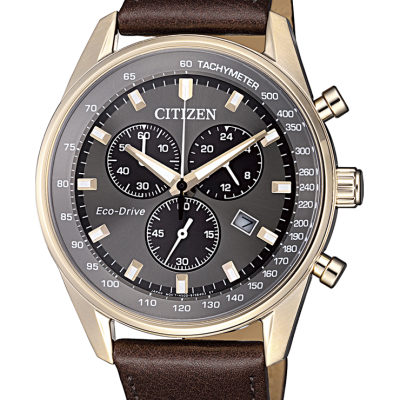 Relógio de pulso Citizen dourado com mostrador cinza e bracelete de pele castanha