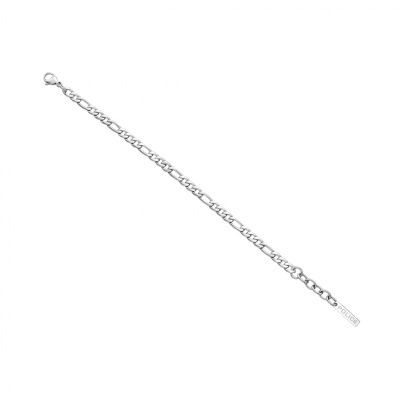 Pulseira prateada com corrente e pendente com texto PANDORA