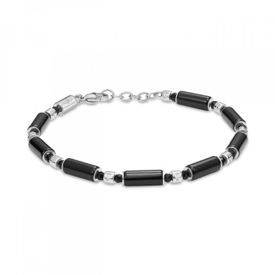 Pulseira com contas pretas e detalhes prateados, fecho com gravação POLICE