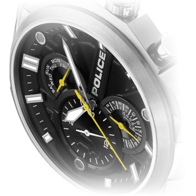 Relógio Police preto com detalhes amarelos e caixa prateada