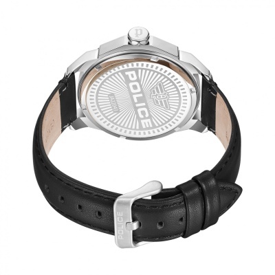 Relógio Police com bracelete preta e mostrador branco com padrão gráfico