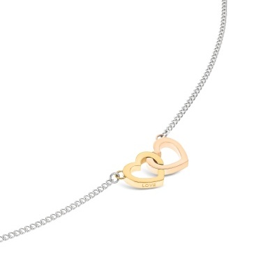 Colar com pendentes em forma de coração dourado e rosê e corrente prateada