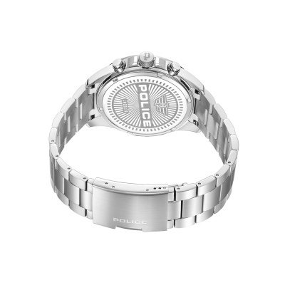 Relógio de pulso de metal prateado com caixa e bracelete de elos.