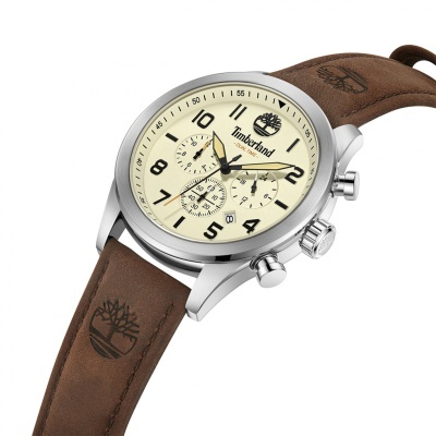 Relógio masculino Timberland com bracelete em pele castanha e mostrador creme