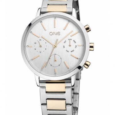 Relógio de pulso metálico prateado e dourado com mostrador prateado e detalhes dourados