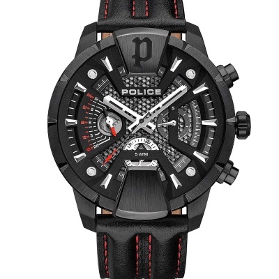 Relógio de pulso masculino preto com pulseira em pele preta e costuras vermelhas.