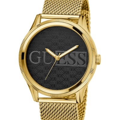 Relógio de pulso dourado com mostrador preto e logótipo Guess