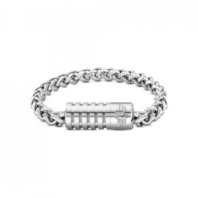 Pulseira metálica prateada com fecho cilíndrico decorado