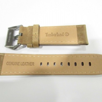 Correia de relógio de couro castanha com fivela metálica e inscrições Timberland e GENUINE LEATHER