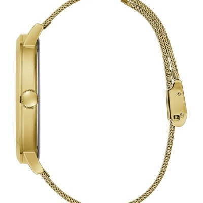 Relógio de pulso dourado com bracelete metálica fina e fecho ajustável