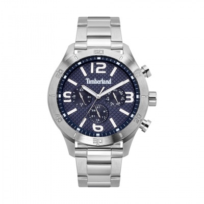 Relógio de pulso masculino prateado com mostrador azul e marca Timberland