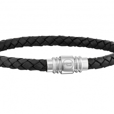 Pulseira masculina de couro preto trançado com fecho metálico prateado