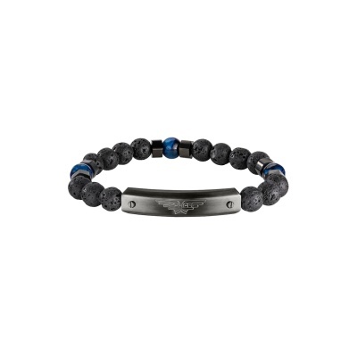 Pulseira de contas pretas e azuis com placa metálica cinza escuro