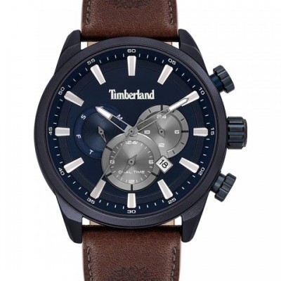 Relógio Timberland com mostrador azul escuro, sub-mostradores prateados e correia castanha de couro