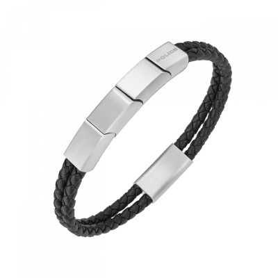 Pulseira masculina de couro preto trançado com detalhes em aço inoxidável prateado fosco e gravação POLICE.