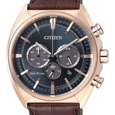 Relógio Citizen Eco-Drive com caixa dourada rosé e bracelete castanha